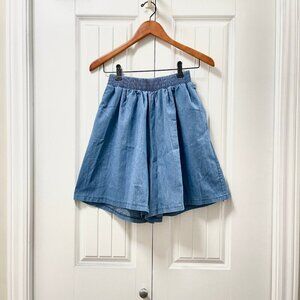 High Waist Flouncy Chambray Denim Shorts Blue